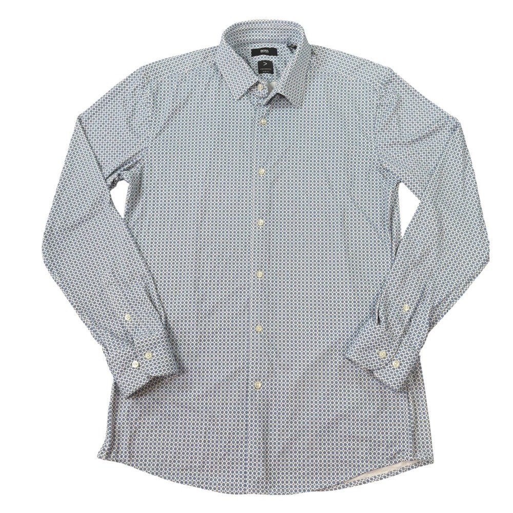 HUGO BOSS Mens Performance Slim Fit Blue Geometric Button Down Shirt Size 15.5